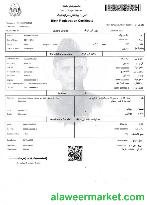 Pakistan Birth Registration certificate